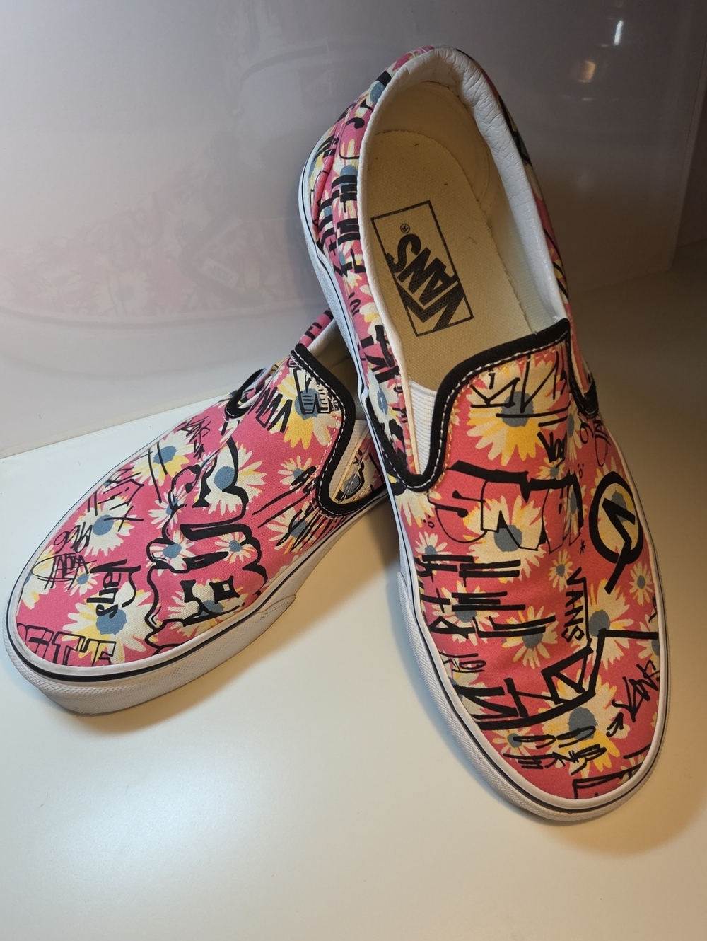 Vans Pink Floral Graffiti Slip-On Sneakers - Picture 1 of 8